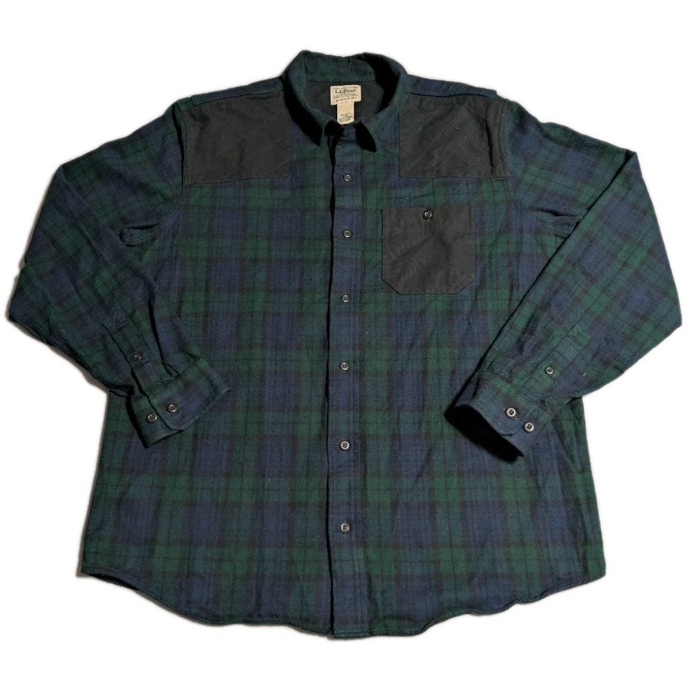 L.L.Bean Huntin Flannel Shirt Men's Large Blackwatch Plaid Shoulder Patch